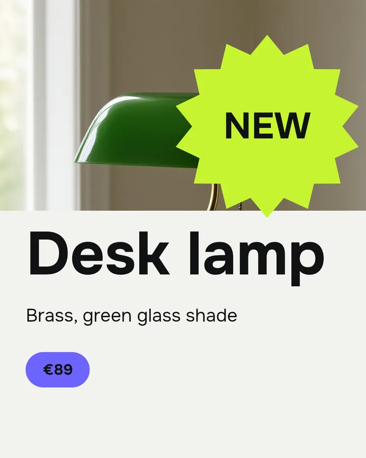 A post: New, Desk lamp, Brass, green glass shade, €89, over the lamp picture.