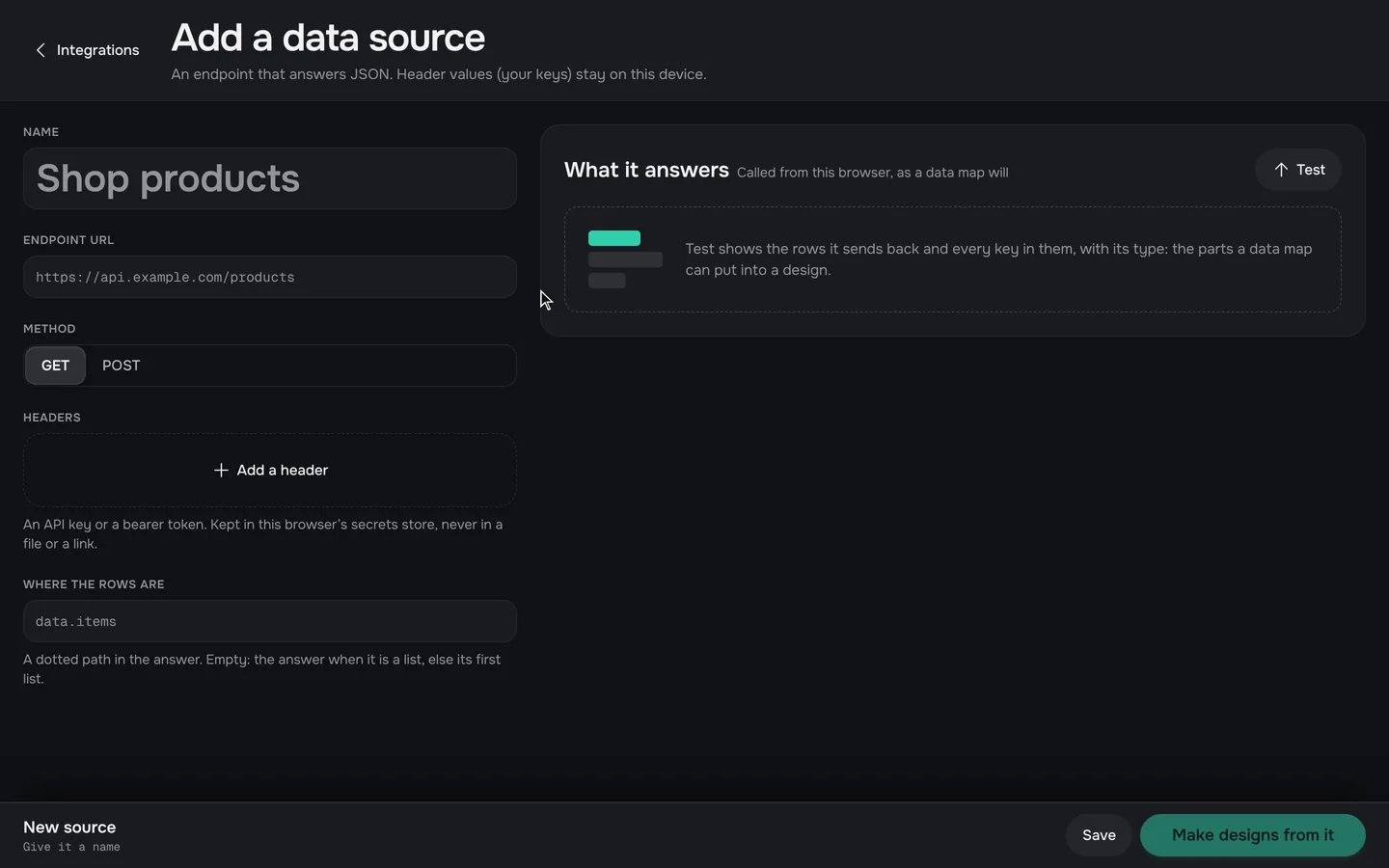 A batch in the studio: rows from a data source mapped to design fields, and the finished designs.