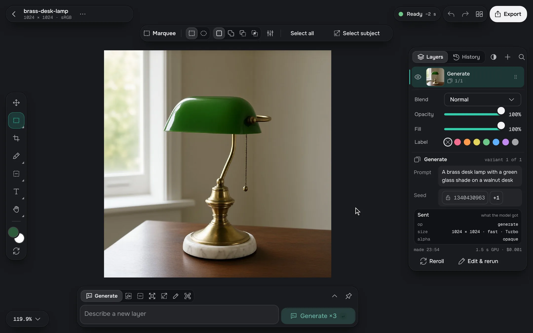 The k-anvas editor: a brass desk lamp with its base selected, and a new walnut base filled in.