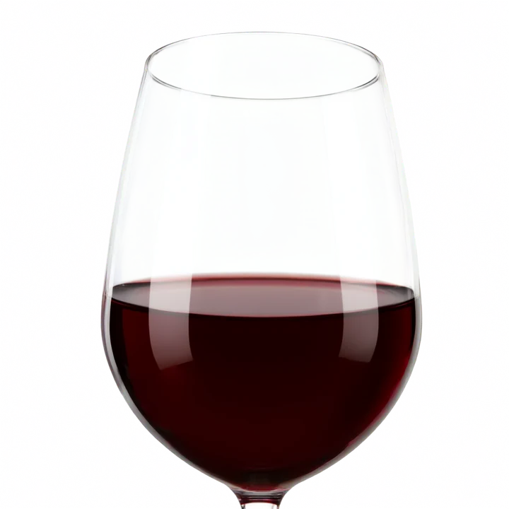 A wine glass half filled with red wine, on a transparent background.