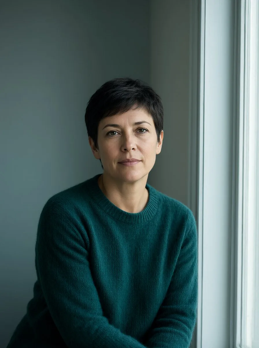 A portrait of a woman in a teal sweater by a window.