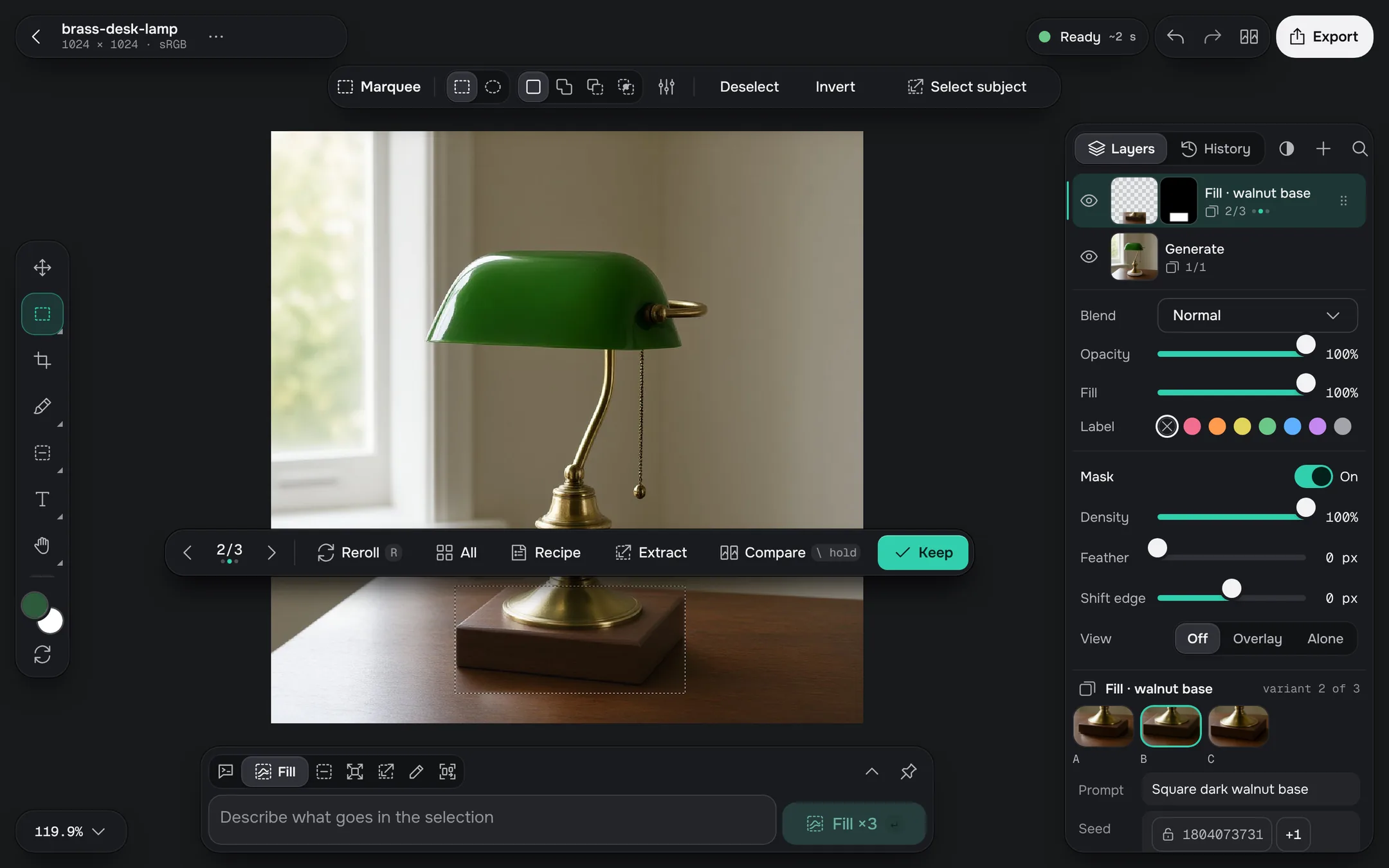 The k-anvas editor: a brass desk lamp, its base selected with a marquee, a new walnut base filled in, and the variant bar showing variant 2 of 3.