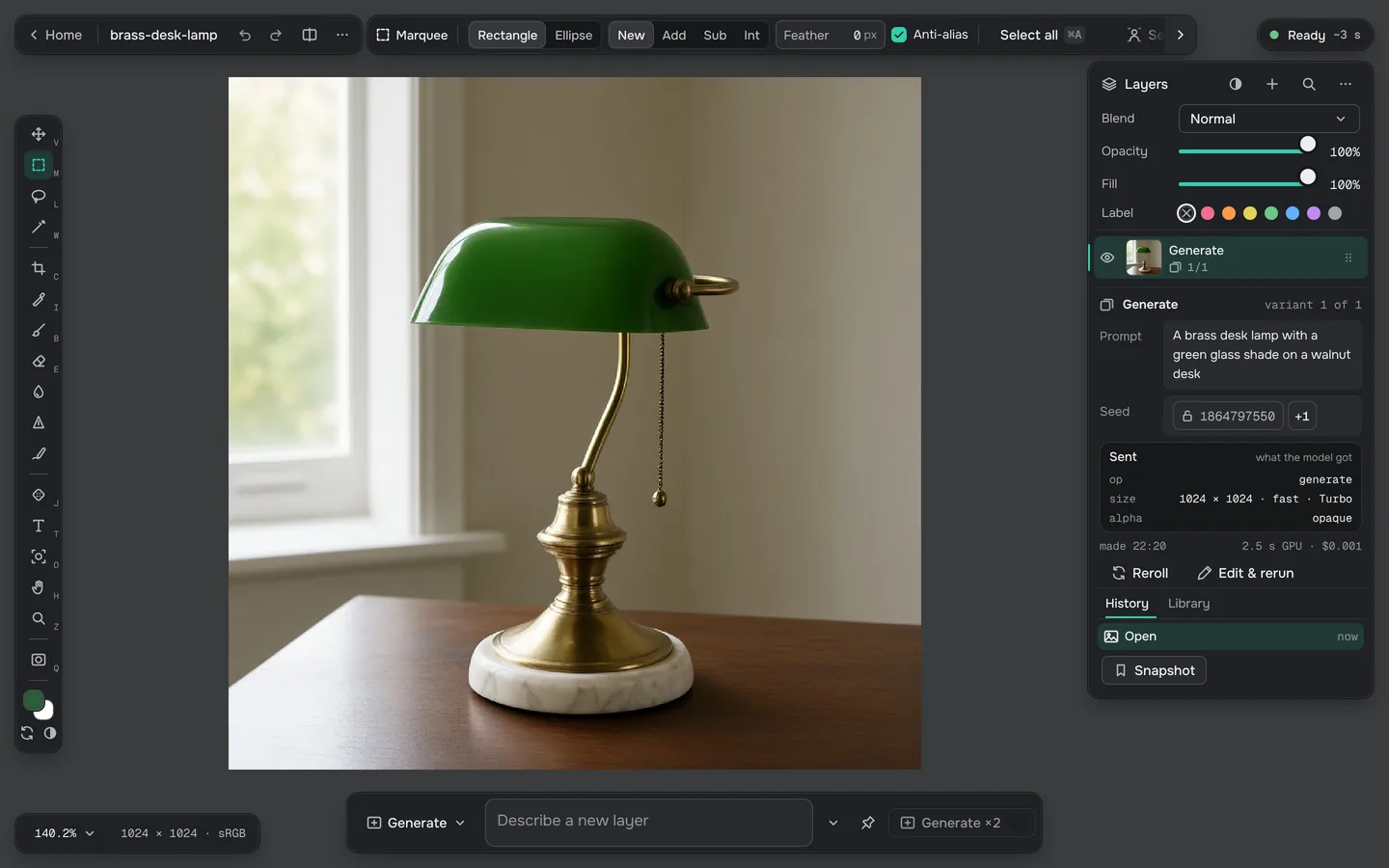 k-anvas on desktop, with a generated lamp and the layers panel.