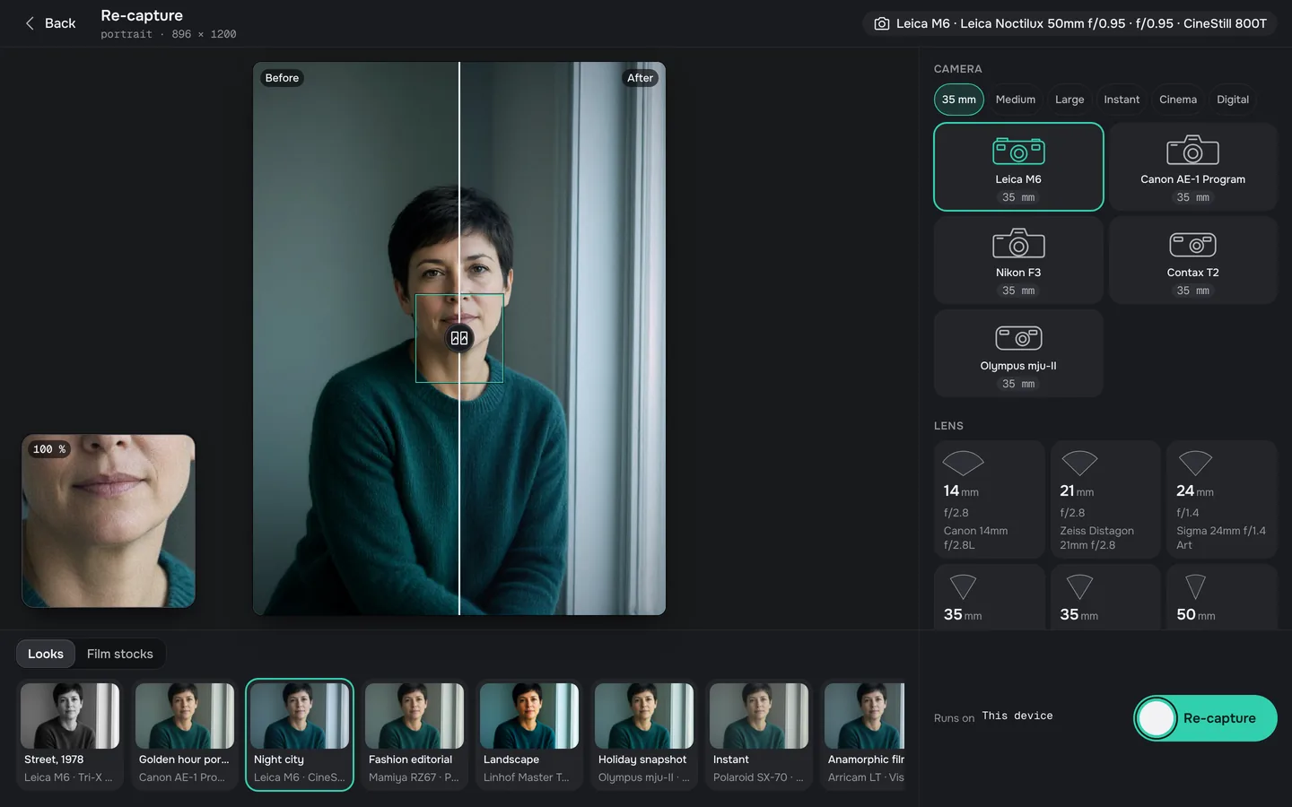 The Re-capture screen on desktop: the picture, a strip of looks, and the camera bag with bodies, lenses, aperture and film.
