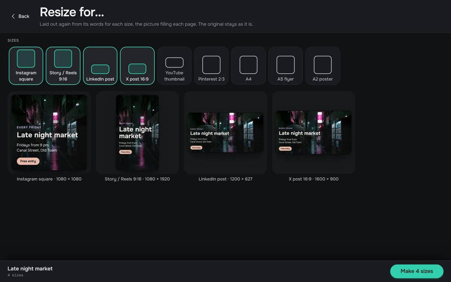 Resize for…: the same design laid out for four sizes.