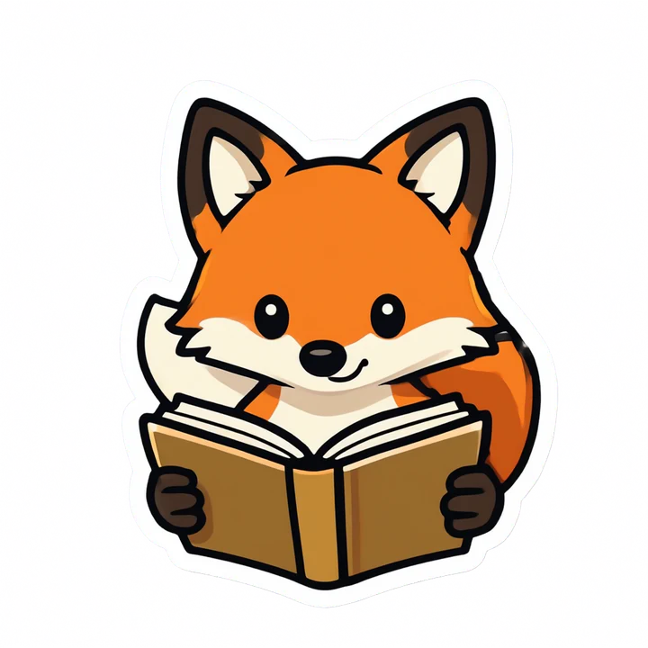A die-cut sticker of a cartoon fox reading a book, on a transparent background.